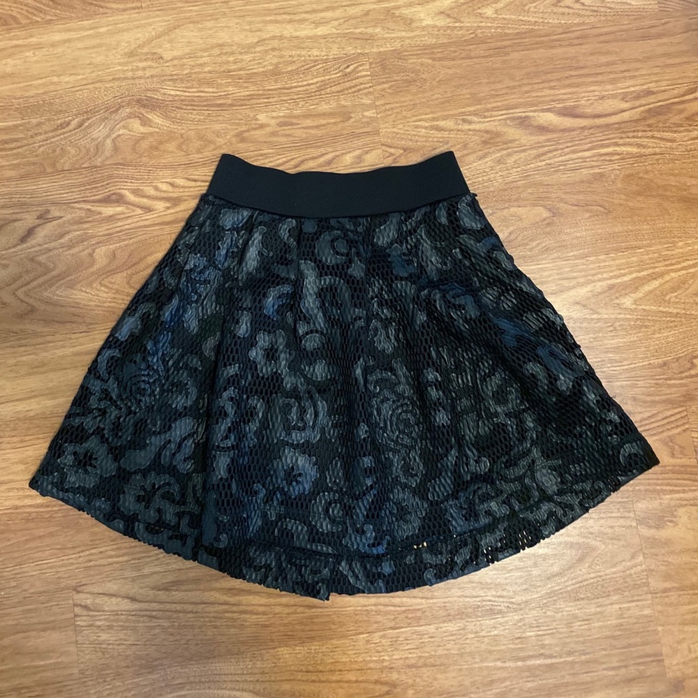 Express Floral Faux Leather Net Skater Skirt